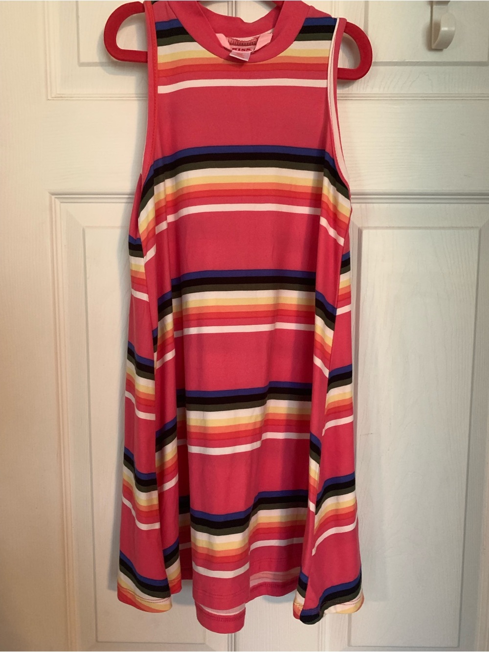 Girl’s Kiss Pink Striped Crewneck Sleeveless Midi Dress with Multicolor Bands